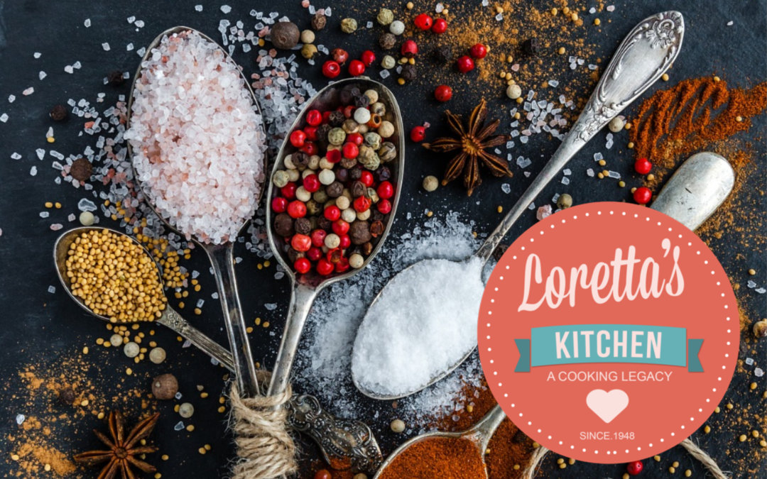 Loretta's kitchen logo on a background of salts and spices